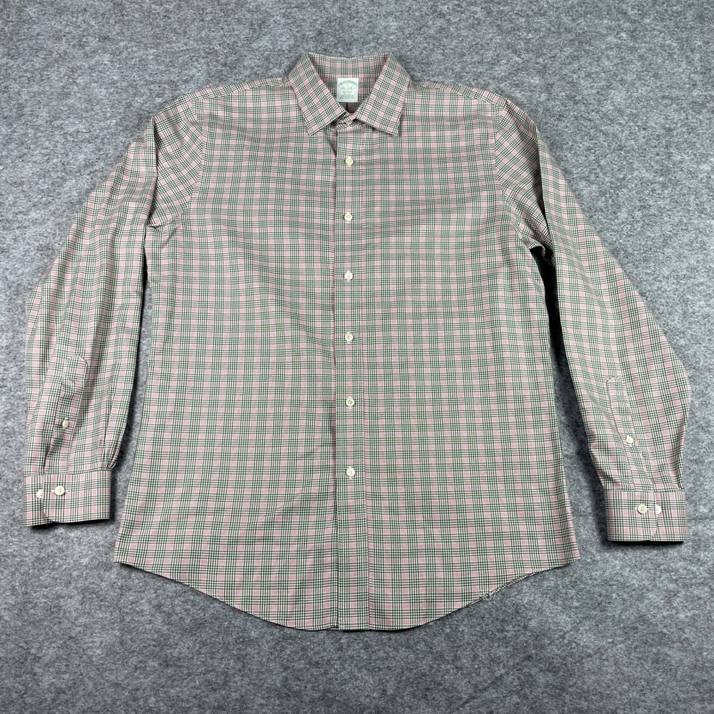 Brooks Brothers Dress Shirt Mens L Pink Green Milano Slim Fit Non-Iron Check